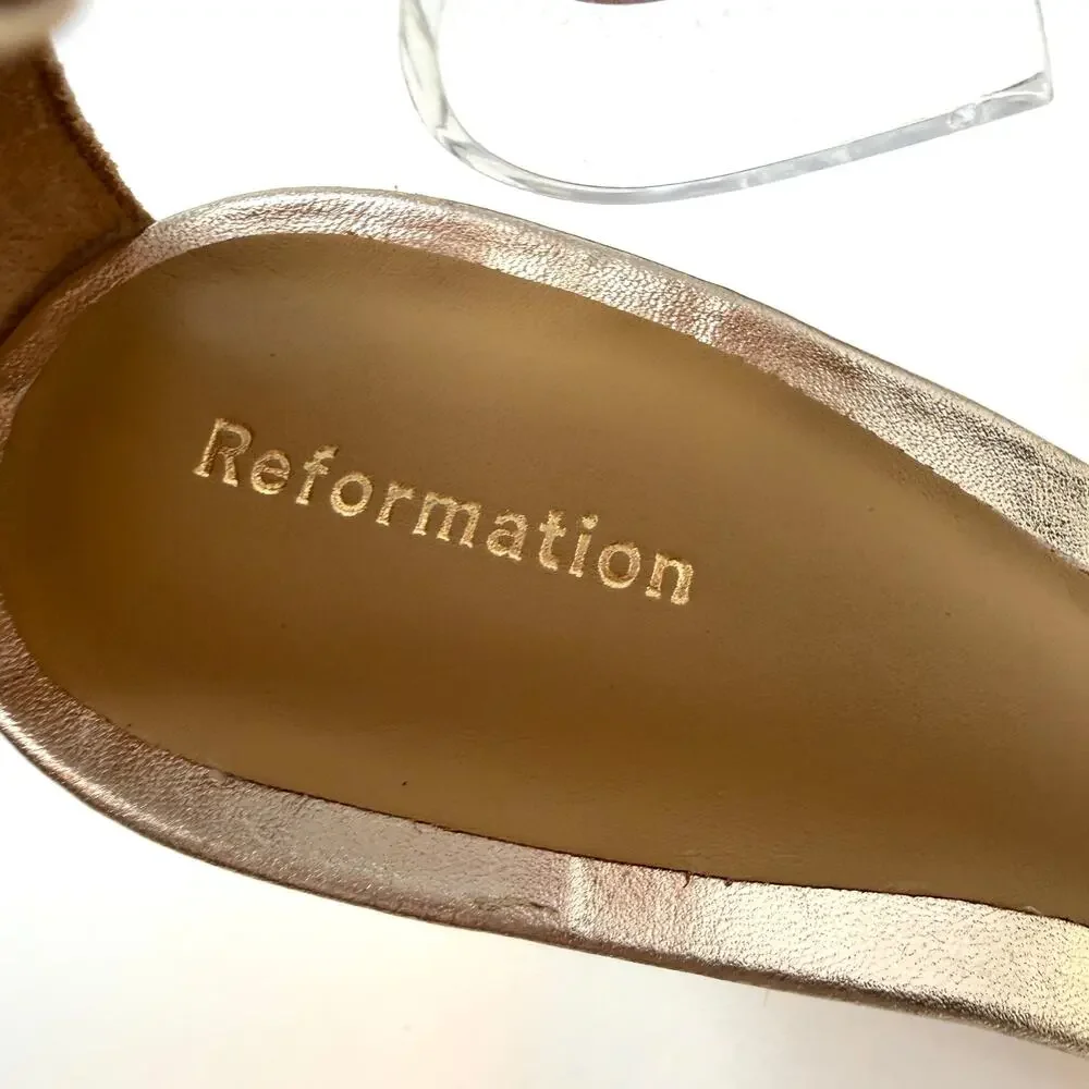 Reformation Gilda Platform Square Toe Heeled Sandal In Metallic Gold Size 9 New